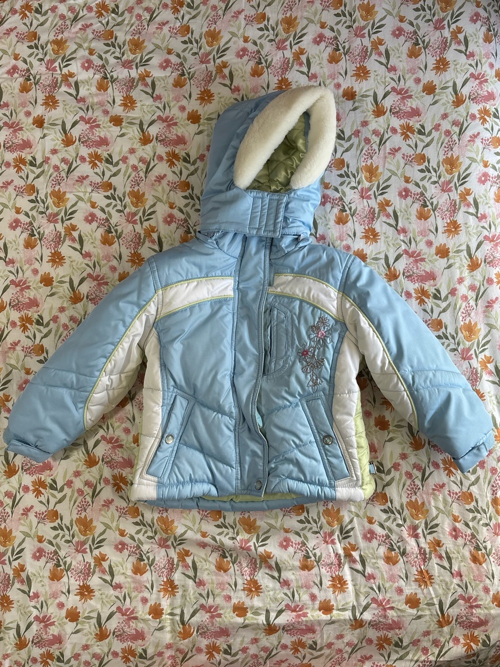 Protection System 2T Winter Coat Blue Green and White Pastel Hooded Embroidered